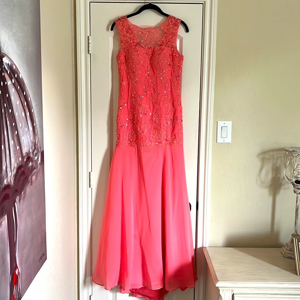 Mother of the Bride/Groom beaded gown. Color is watermelon. Size 2.